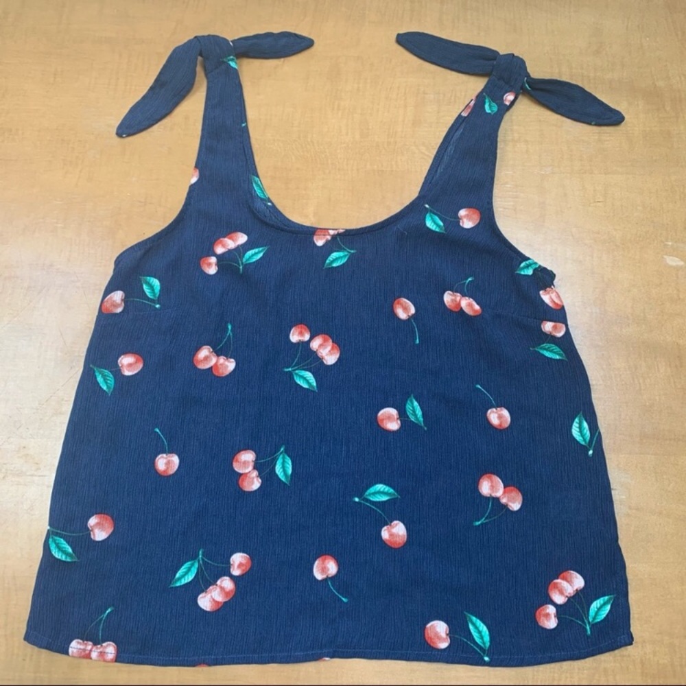 SO Navy Cherry Print Top with tie on shoulder, Medium
